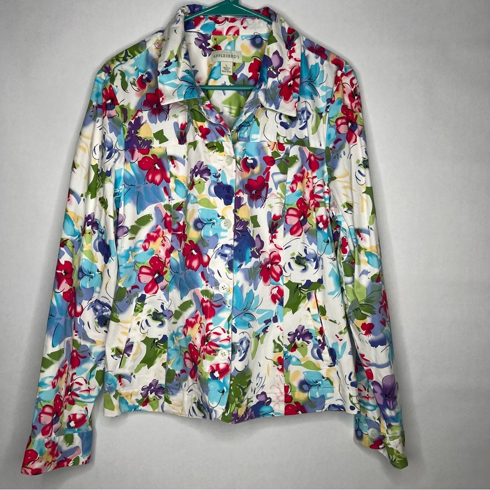 Appleseed's Floral Button Jacket Women's Size L Long Sleeve Bright Color Cotton